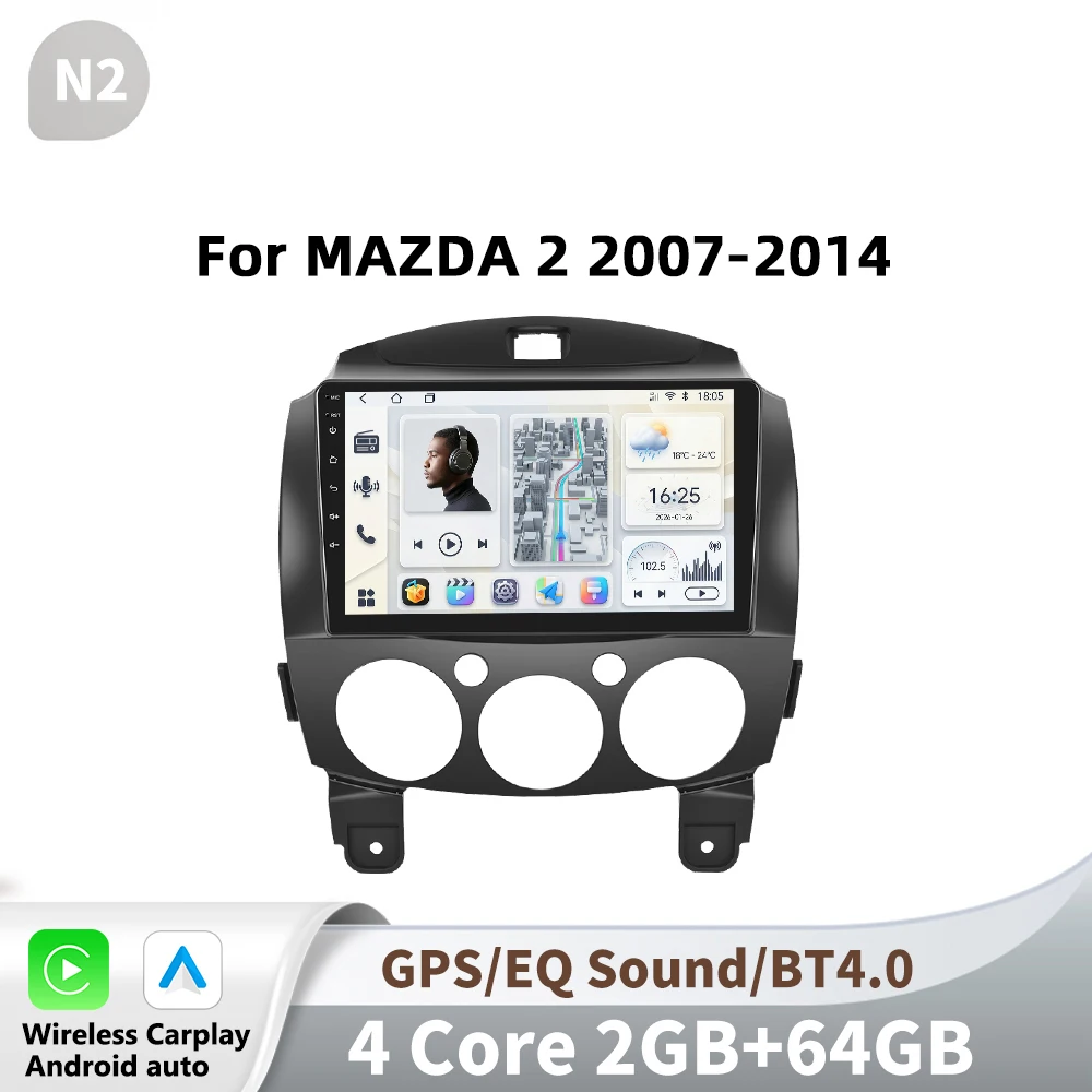 Podofo Android voor MAZDA 2 2007-2014, autoradio multimediaspeler met draadloze CarPlay en Android Auto, 2-din, geen DVD-speler.