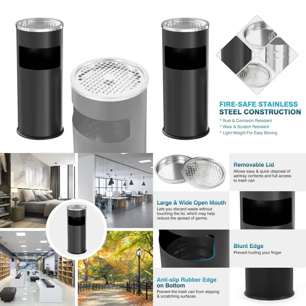 

Commercial Round Stainless Steel Outdoor Indoor Trash Can with Removable Lid and Inner Bucket, Waste Management Solution