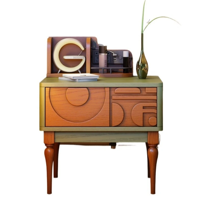 

French medieval bedside table master bedroom bluetooth audio bedside table retro style ash wood bedside storage cabinet