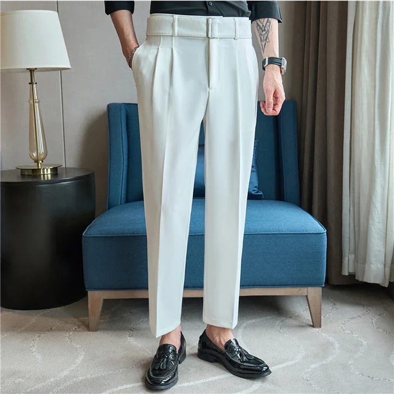 Belt Decorative High-waisted Casual Pant Men's Business Fashion Vintage Ankle-length Suit Pants Korean Streetwear Trousers