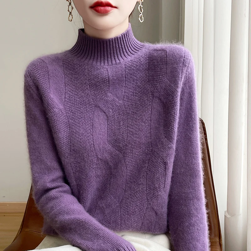 100% Merino Wool Half Turtleneck Pullover Women\'s Autumn and Winter Thick Twist Flower Sweater Korean Fashion Women\'s Wear