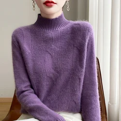 100% Merino Wool Half Turtleneck Pullover Women's Autumn and Winter Thick Twist Flower Sweater Korean Fashion Women's Wear