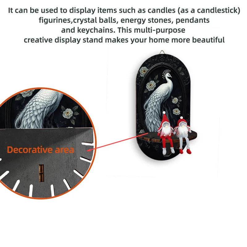 Bohemian White Peacock Floral Oval Wall Shelf - Multi-Functional Artificial Wood Hanging Shelf with Hook, Suitable for Living
