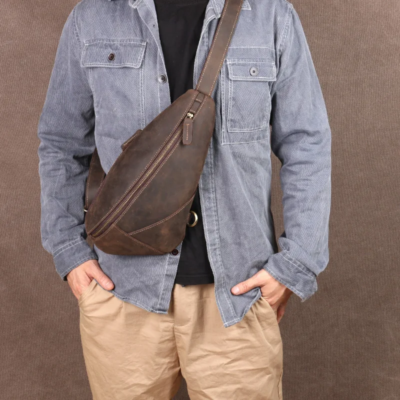 Real leather men's chest bag, wild horse leather crossbody bag, unique and retro, high-end travel shoulder bag