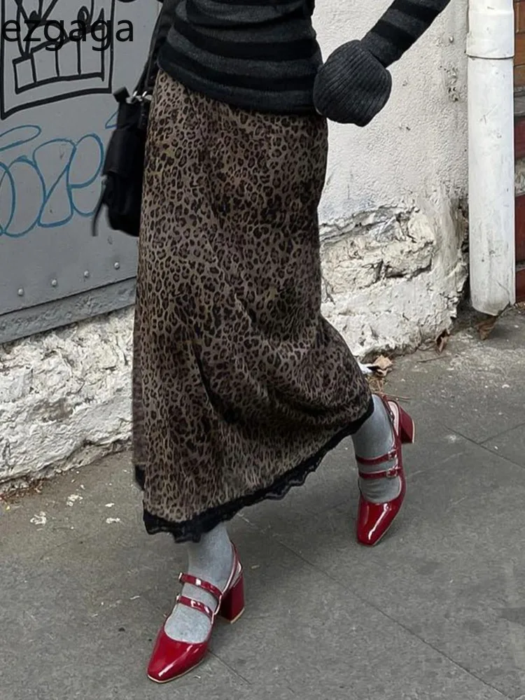 

Ezgaga Leopard Printed Skirts Women Lace Patchwork Vintage Elegant High Waist Autumn New Fashion Long Skirt Ladies Casual
