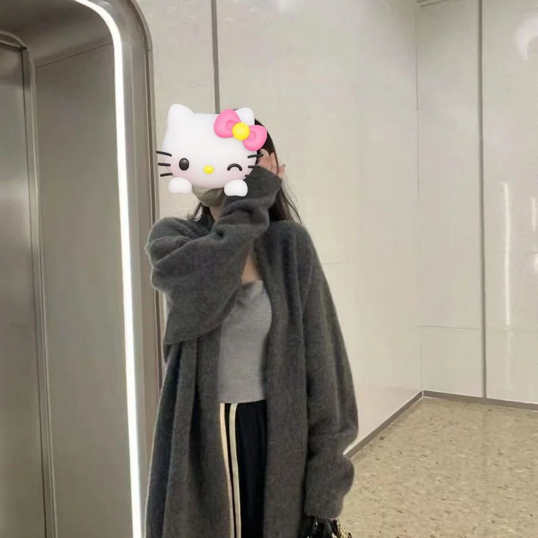 

Mid-Long Cardigans Dark Pink Womens Winter Mohair Plush Oversized Chunky Hooded Pockets Turtlenecks Bow Minimalist Fleece Tender