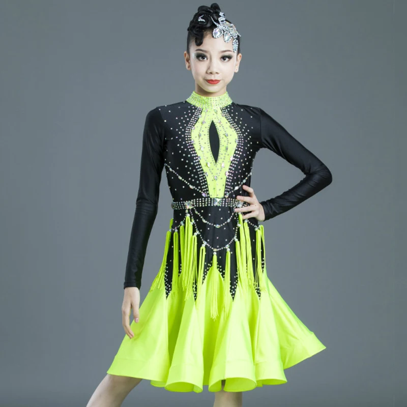 New Girls Latin Dance Competition Dress Rhinestone Long Sleeves Dress Performance Costume Rumba Cha Cha Dance Clothes DNV21004