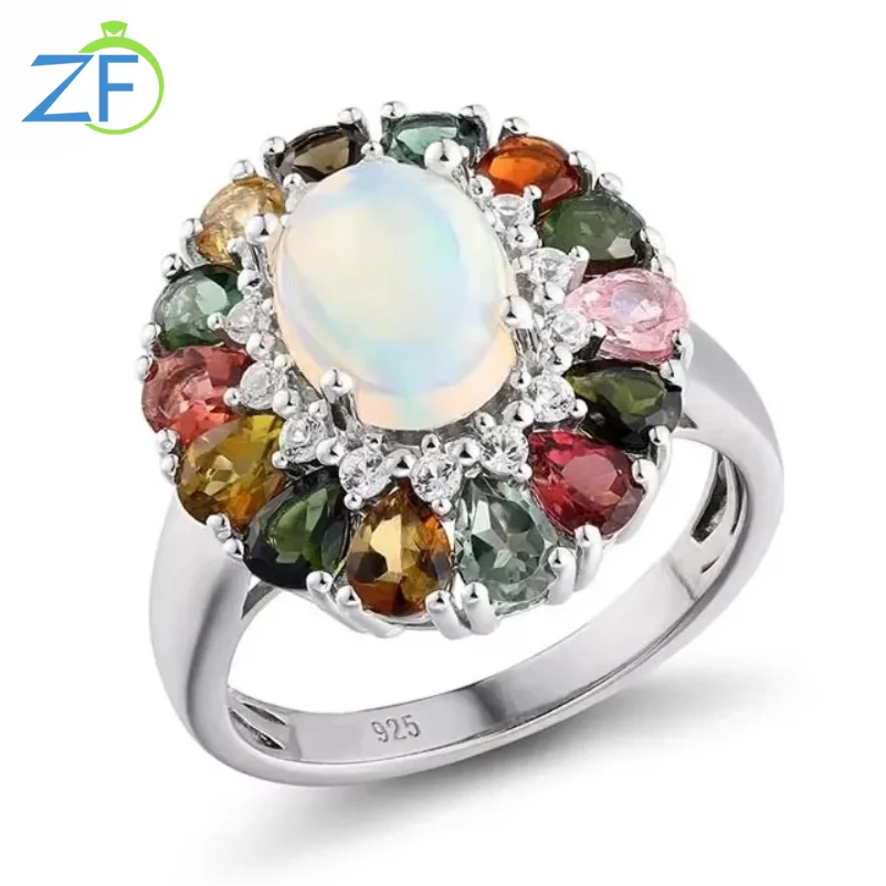 GZ ZONGFA 925 Sterling Silver Natural Opal Wedding Rings for Women 3.5 Carats Colourful Tourmaline Gemstone Custom Fine Jewelry