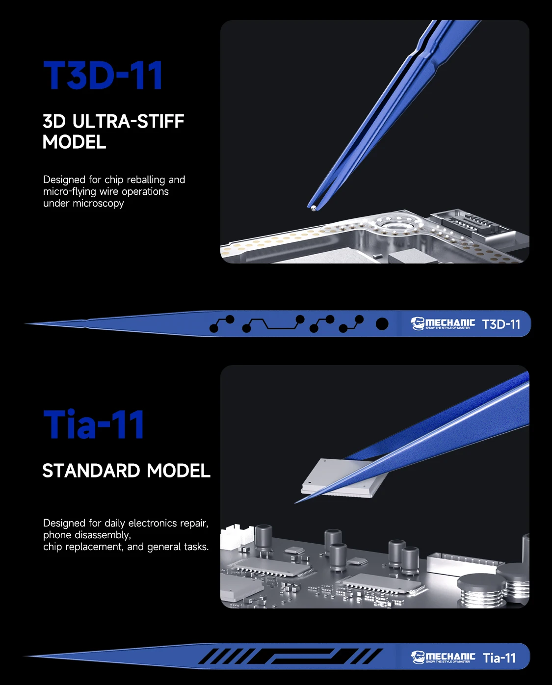 MECHANIC Tia-11/16 Titanium Alloy ESD Tweezers - 3D Curved & Straight Tips High Precision Anti-Corrosion Tool Electronics Repair