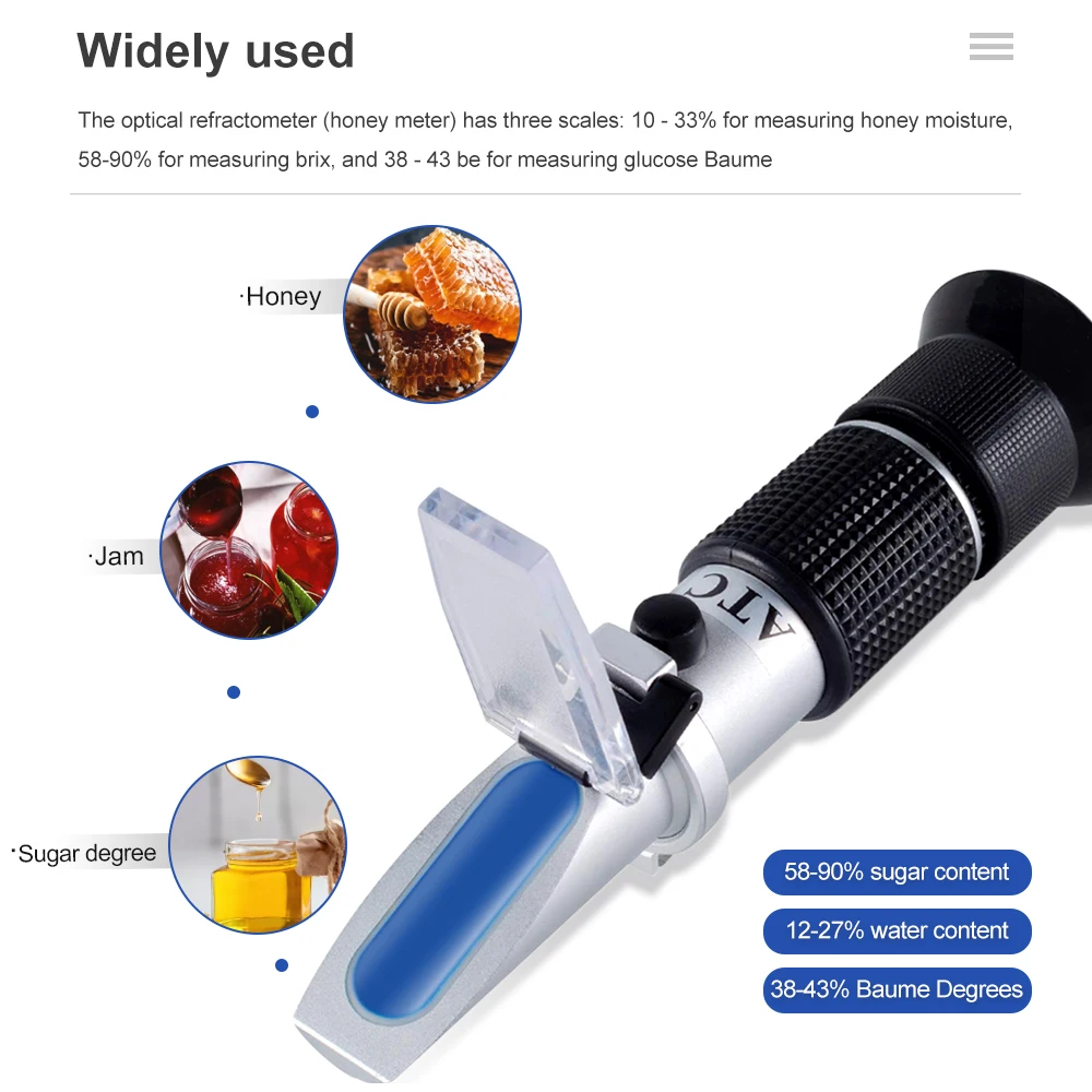 3 in 1 Handheld Honey Refractometer 58-90% Brix Sugar Concentration Meter 38-43% Baume Degrees 12-27% Water Contents Test