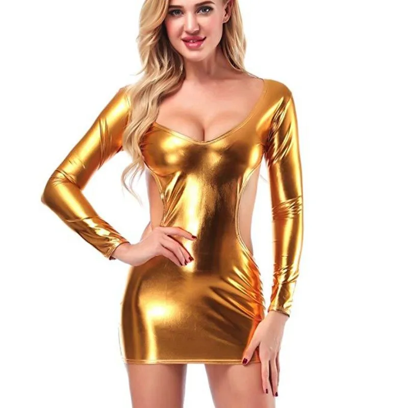 Shiny Metallic Gold Long Sleeve Bodycon Mini Dress With Extreme Cutout Backless Party Clubwear Outfit Set For Nightclubs