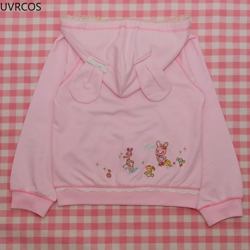 Pink Japanese Y2k Cute Hoodies Coat Women Autumn Kawaii Long Sleeves Cartoon Pattern Ear Anime Hoodie E-girls Sweet Sweatshirt