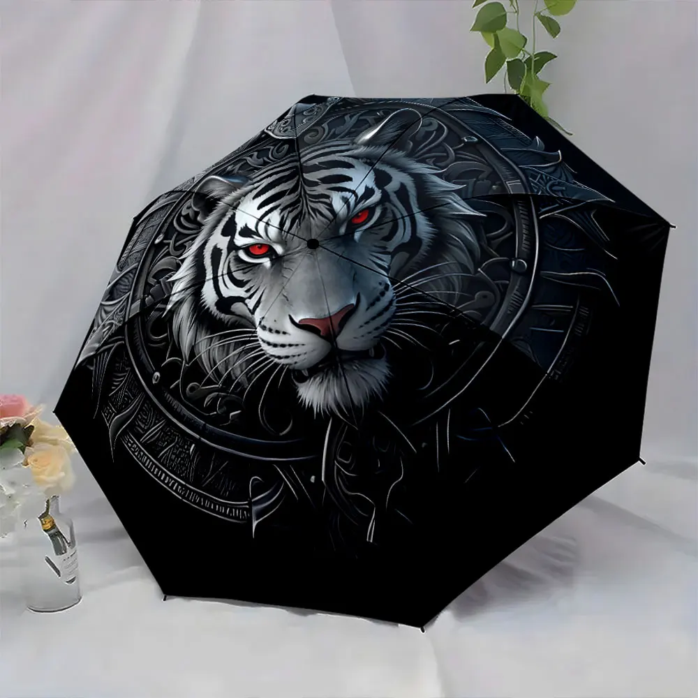 1PC Fierce Tiger Design Umbrella with Artistic Details Print 8 Iron Ribs Folding Umbrella Auto-Open Fashion Sunshade