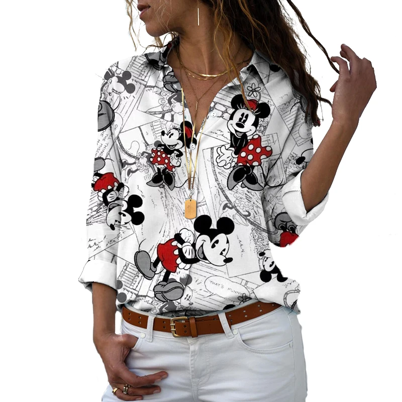 New 2022 Disney Brand Harajuku Slim Fit 3D Print Women Button Long Sleeve Lapel Mickey Minnie Casual Cute Shirt y2k