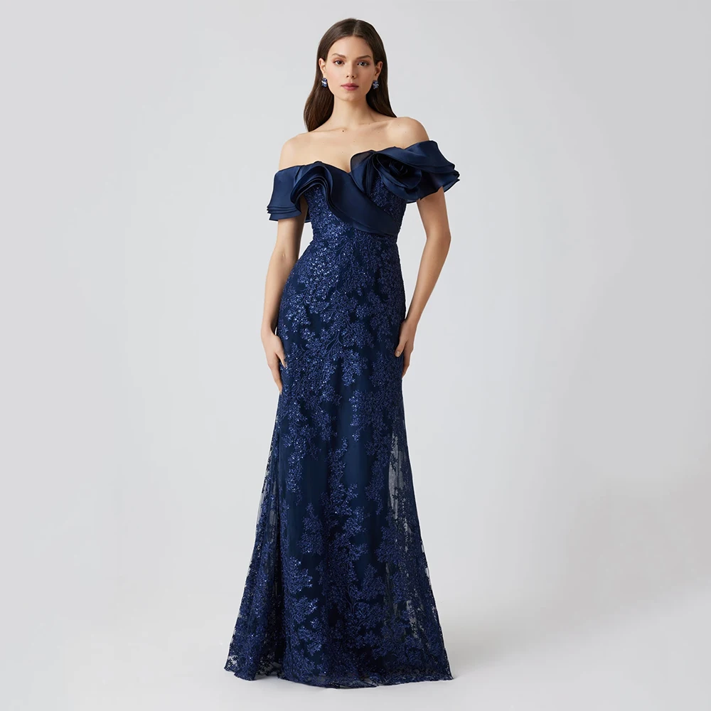 アリア クラシック ブルー イブニング ドレス レース フロアレングス オフショルダー プロムドレス フラウンシング ベスティド デ フィエスタ カスタマイズ