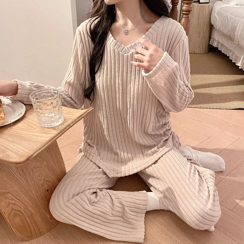 

Корейские новые хлопковые пижамные комплекты, осенне-зимняя одежда для сна, женская пижама с v-образным вырезом и длинными рукавами, нагрудник, домашний костюм для женщин, ночное белье