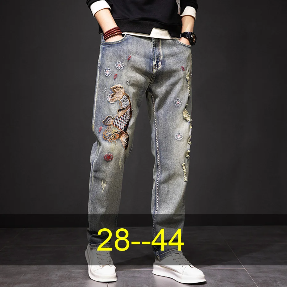 

Carp Embroidered Jeans Men Denim Pants Plus Size Fashion Casual Ripped Jeans Pants Plus Size 44 Trousers Male Bottoms