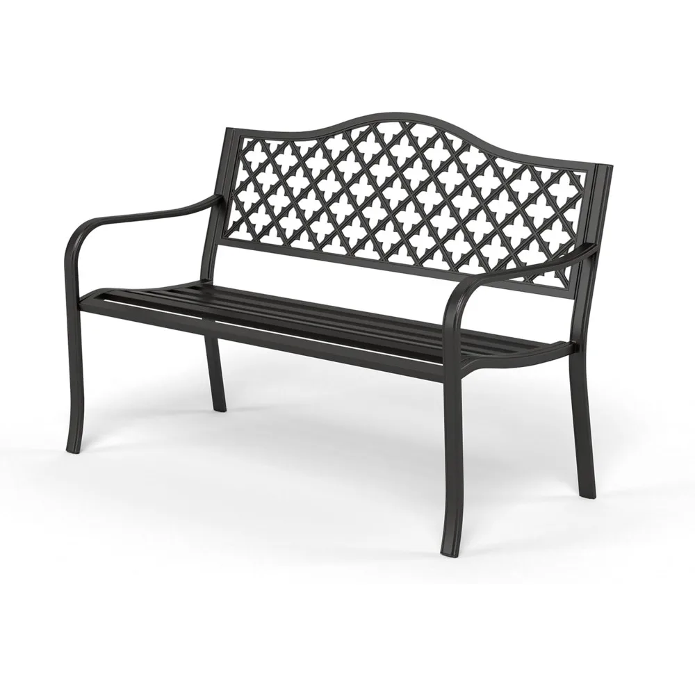Outdoor Bench, 50 inches Metal Garden Bench, Cast Iron Park Benches for Outside with Floral Backrest and Straight Legs