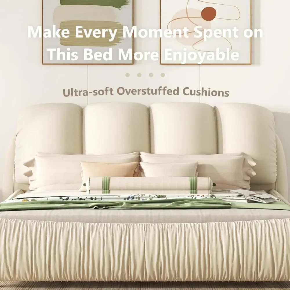 Beige Faux Leather Upholstered Solid Wood Frame Cloud Bed,King Size Platform Bed,Squeak-Free with Overstuffed Padded Headboard - view 3