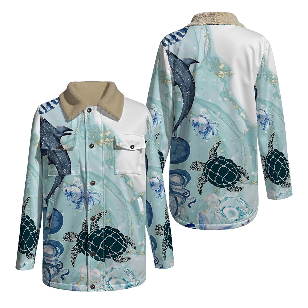 Ocean Theme Sea Turtle Jellyfish Print Long Coat Fleece Lined Jacket Faux Fur Collar Windbreaker Reels Fashion Trend Clothing