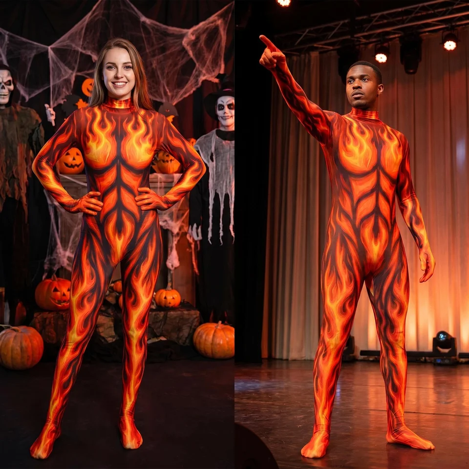 Body de cuerpo entero con estampado realista de llamas de fuego, unisex para adulto, disfraz de demonio para Halloween