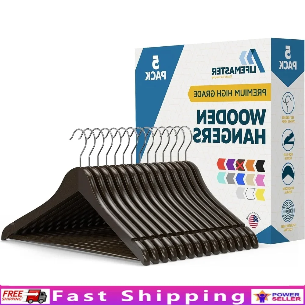 

Wooden Clothes Hangers 360 Degrees Swivel Hook Non-Slip Shoulder Grooves Pants Bar Design Set of 5 Durable Wardrobe Storage
