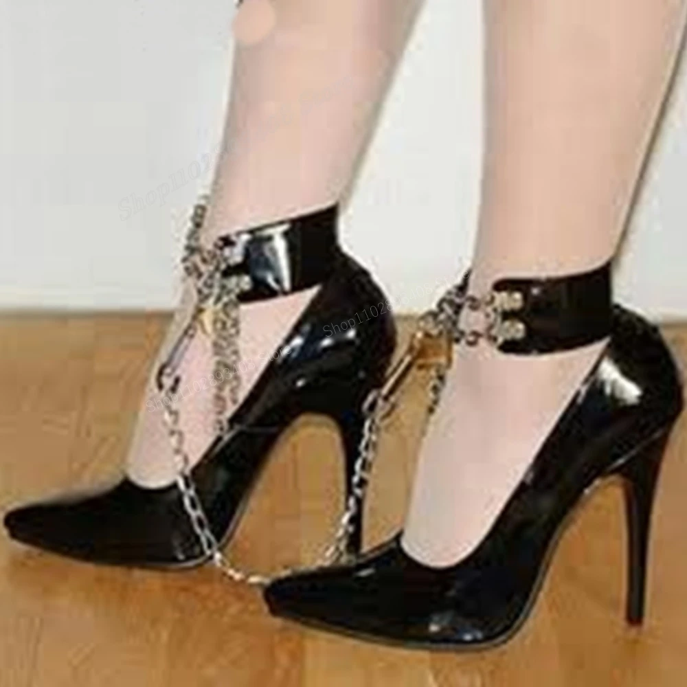 

Black Metal Chain Decor Pumps Pointed Toe Patent Leather Stiletto High Heel Fashion Women Shoes 2024 Spring Zapatos Para Mujere