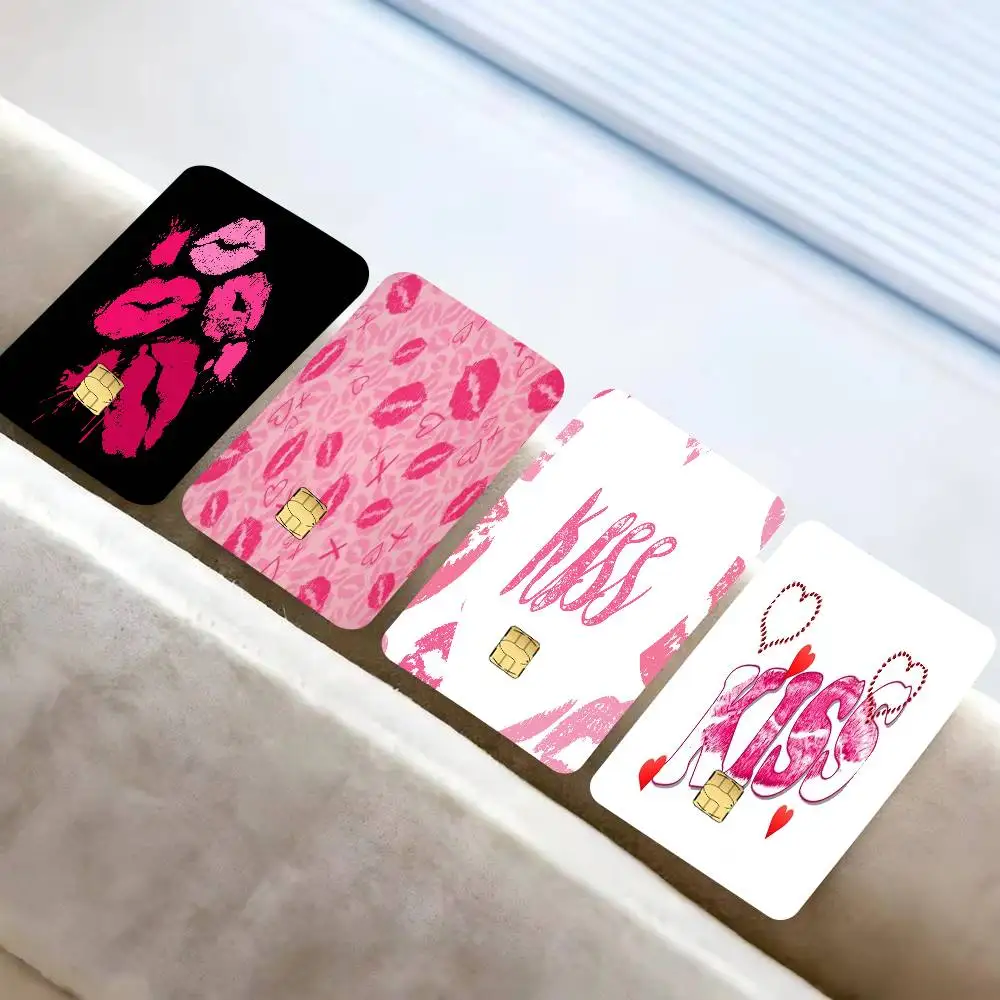 Pink kiss mark   100% Hot Sale Amine Credit Debit Bank Card Bus Card Film Skin Sticker 1 set of 4 pcs