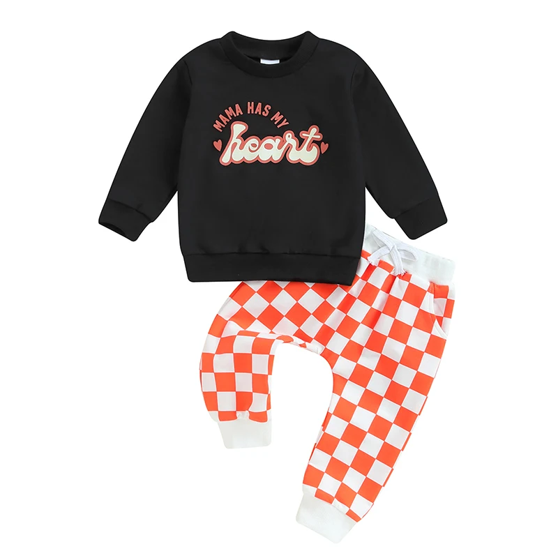 

Little Boy Fall Outfit Letter Print Long Sleeve Sweatshirt Checkerboard Elastic Waist Pants 2 Piece Set