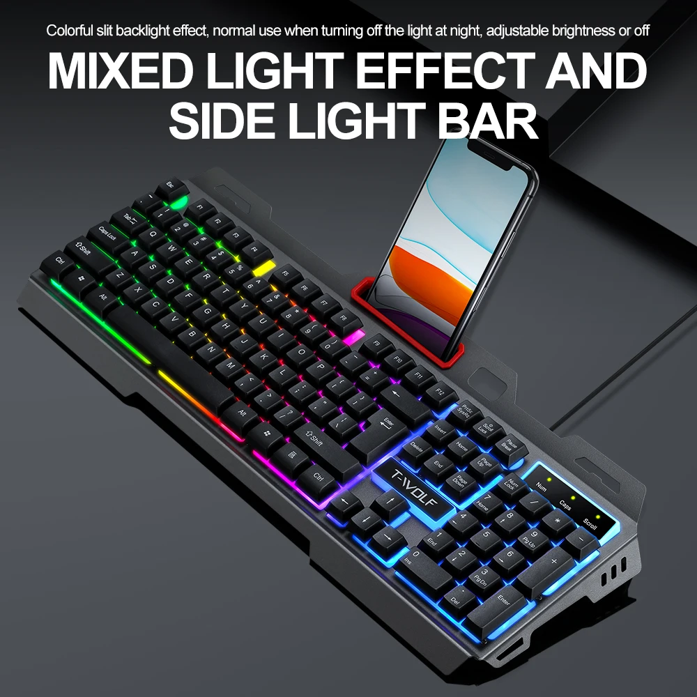 104 Keys Gaming Computer RGB Lighting USB 1.3M Black Wired Keyboards With Phone Holder