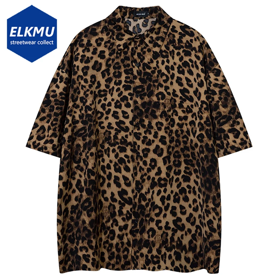 

Fashion Leopard Shirts Men 2024 Summer Loose Shirts Button Up Blouse Tops Harajuku Hip Hop Streetwear Oversized Shirts Male