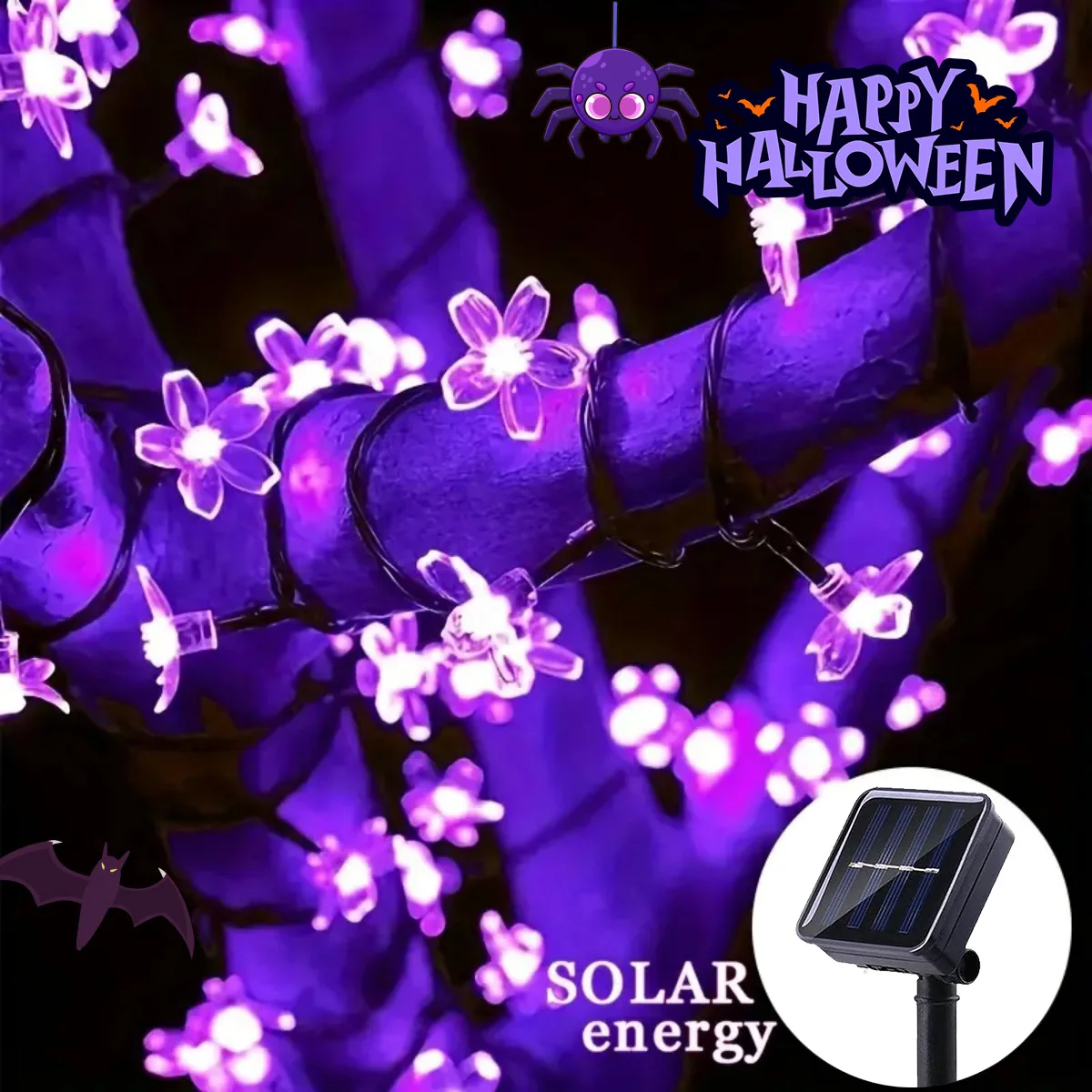 

1PC LED Solar-Powered Purple Cherry Blossom Halloween String Light Outdoor Waterproof Atmosphere Fairy Lamp With 8 Lighting Mode
