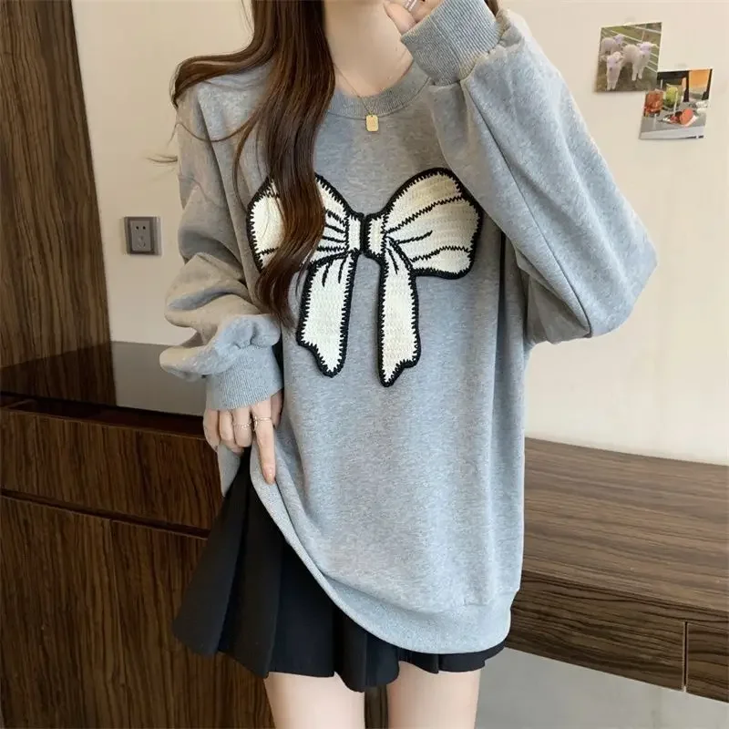 Spring and Autumn New Loose Casual Slim Medium Long Sweater Women Large Coat Bottom Long Sleeve T-shirt Top Round Neck Clothes