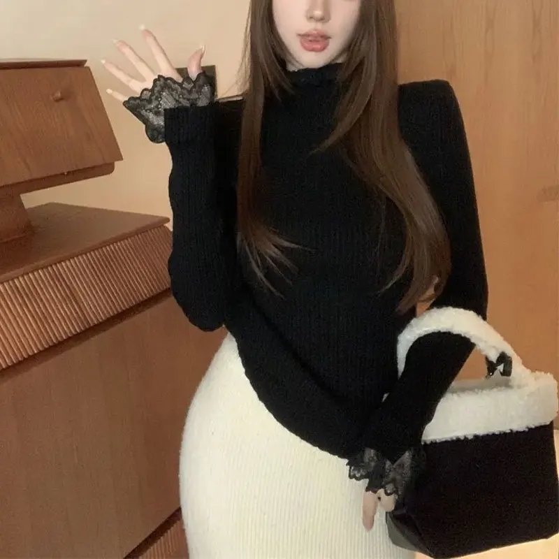 

Fashionable Lace Patchwork Sweaters Autumn Winter Turtleneck Casual Women's Clothing Solid Color Long Sleeve Knitted Pullovers