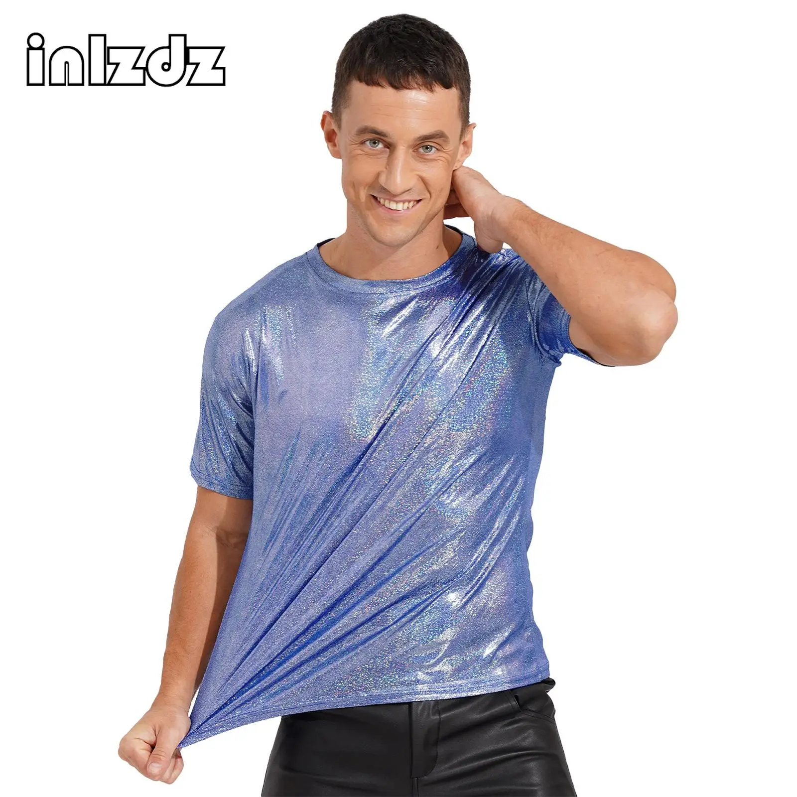 

Mens Rave Party Clubwear Sparkling T-shirt Dance Tops Fashion Shiny Short Sleeve T-shirt Casual Round Neck Tops