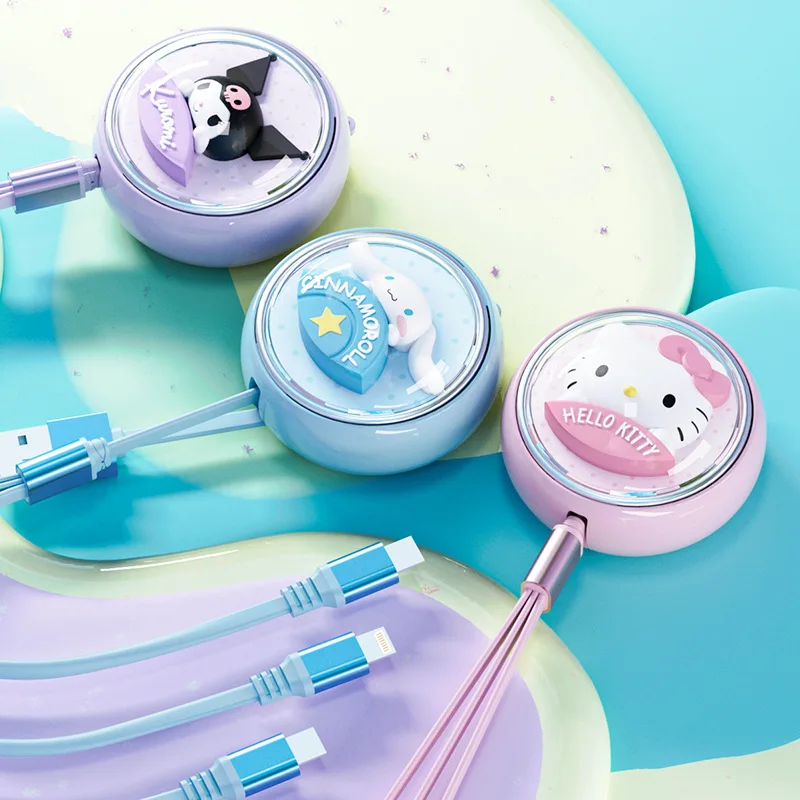 Hello Kitty Kuromi Cinnamoroll Data Cable One to Three Cute Telescopic Charging Cable Suitable for Apple and Android