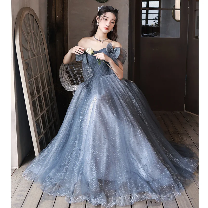 

Blue Boat Neck Cocktail Dress Women Bowknot Off the Shoulder Sequins Prom Gown Elegant Modern A-Line Tulle Evening Dresses