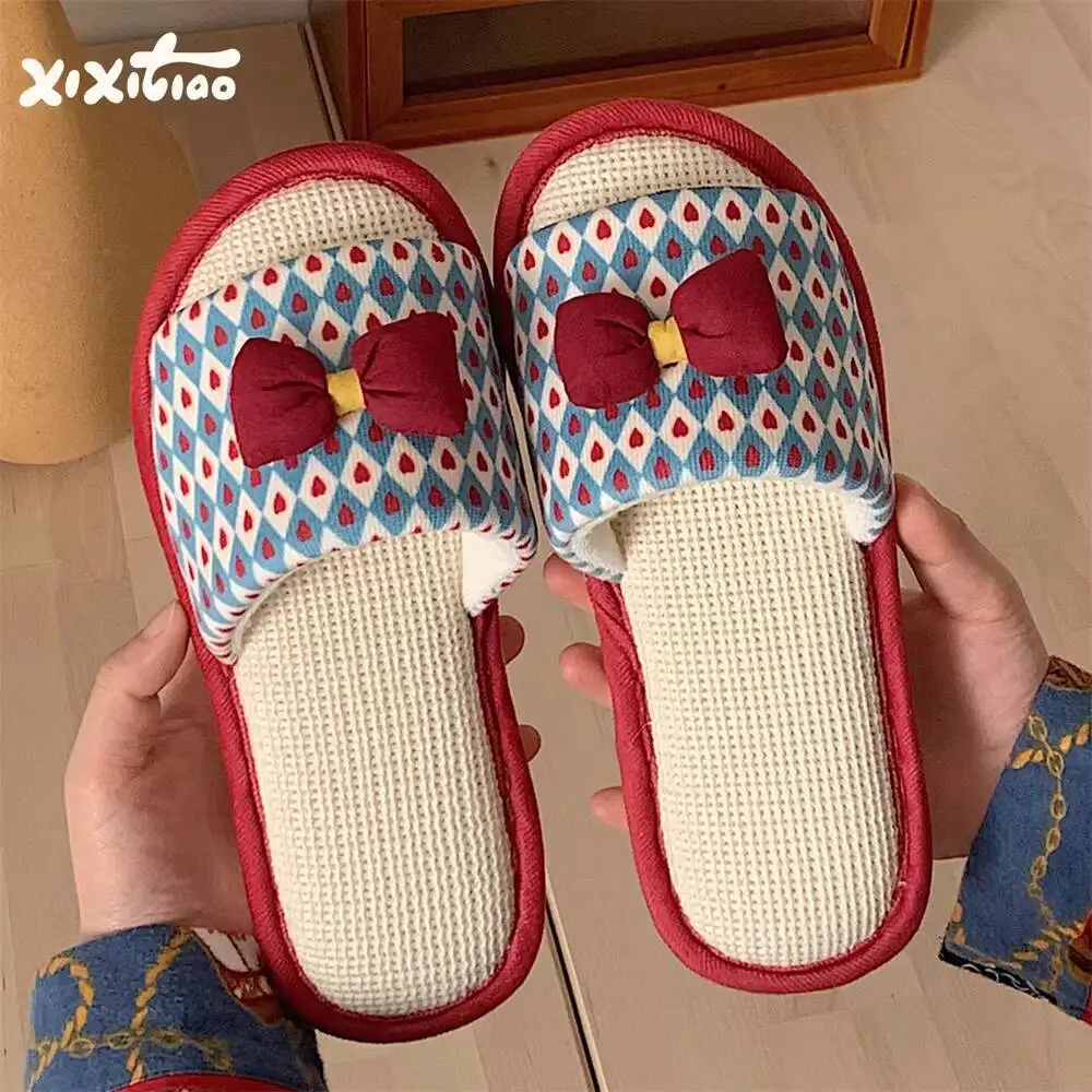 

Fashion Home Linen Slippers for Women Korean Style Bow Spring Summer Non Slip Silent All Season Cotton Linen Footwear