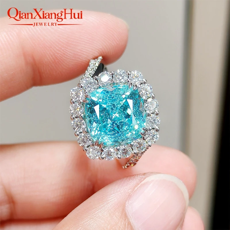 8mm/10mm Cushion Cut YAG Created Neon Blue greenish Paraiba 925 Silver Ring Moissanite Halo Eternity Band, Wedding Jewelry Women