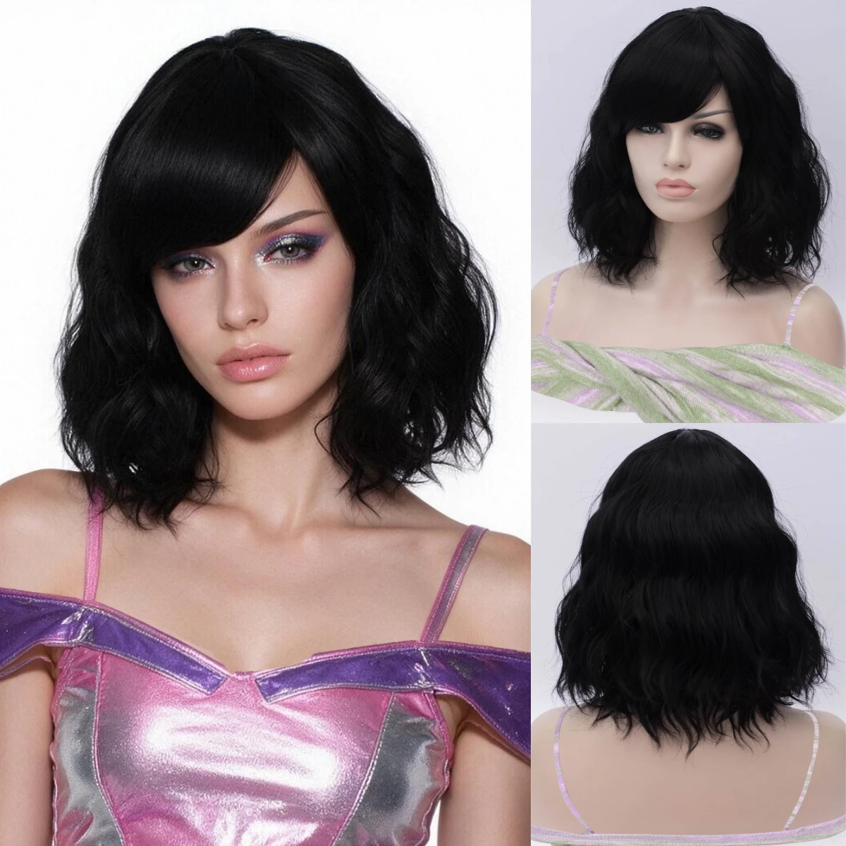 Women's Short Cosplay Wavy Wigs Black Curly Wig With Side Bangs Synthetic Hair Wig Heat Resistant Wig For Daily Costume Party