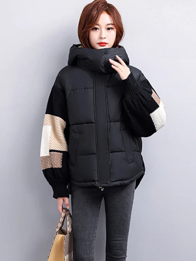 Fashion Clothes Winter 90% Duck Down Jacket Oversize Warm knitting Splicing Autumn Coat Women Casual Short Hooded Parkas 2023