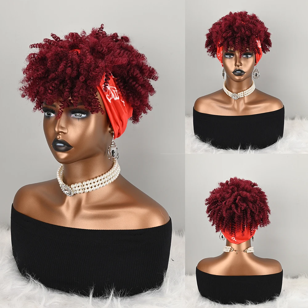 Headband Attached Synthetic Wig for Women, Burgundy Short Kinky Curly Full Wig With Butterfly Printed Fabric Head Wrap, Heat Resistant Fiber Wig for Daily Event Party Costume Use