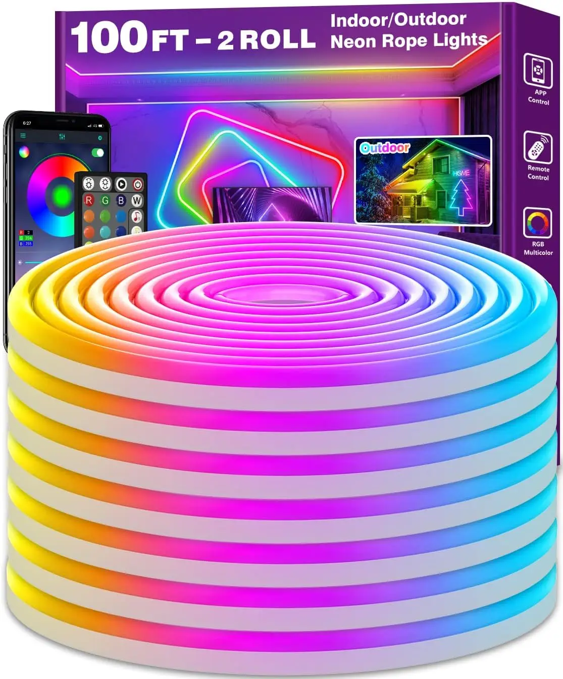 

100Ft Neon Rope Lights, RGB LED Strip with App/Remote Control, Music Sync & Multiple Modes for Bedroom, Outdoor