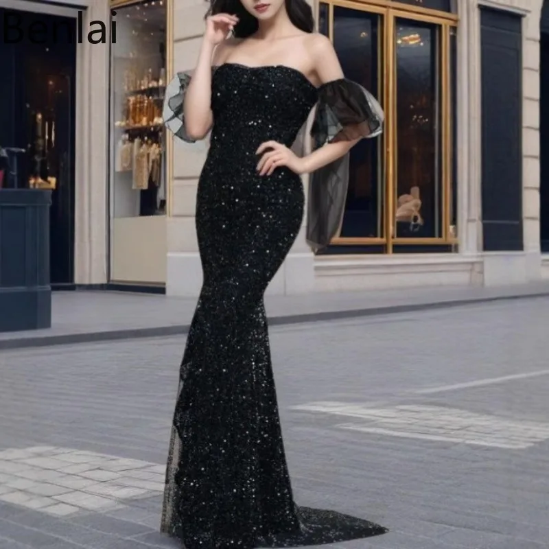 2025 Popular Spring Fashion New Dress, Women's Sexy Bright Silk Short Sleeved Banquet Dress, High-end Feeling