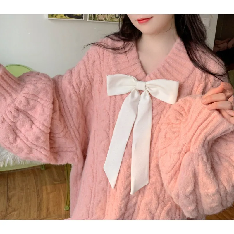 Women 2023 New Autumn Large Fried Dough Twists Pullover Sweater Pink Loose V-neck Top Gentle Style Solid Color Sweet