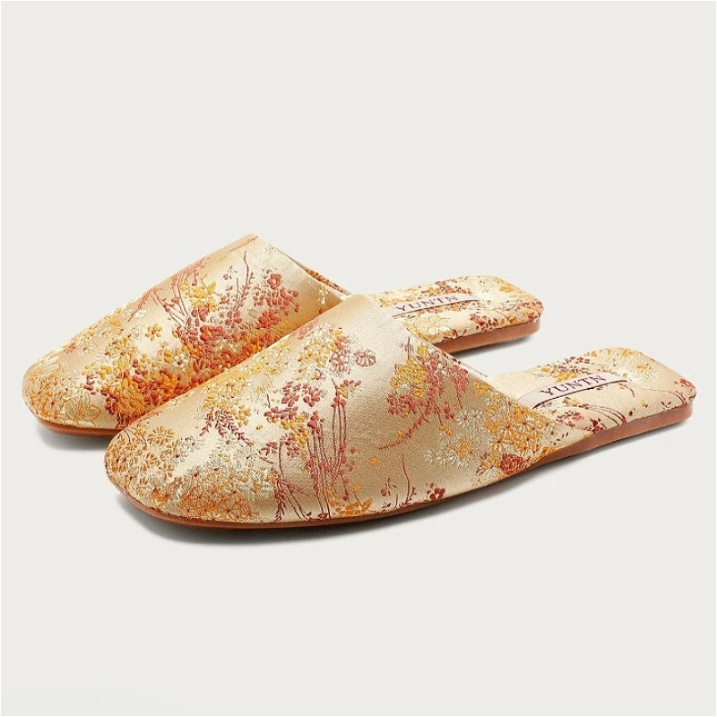 Embroidered Luxury Satin Flat Home Slippers for Women Flower Comfortable Slides Non-slip Warm Autumn Winter Indoor Cotton Shoes