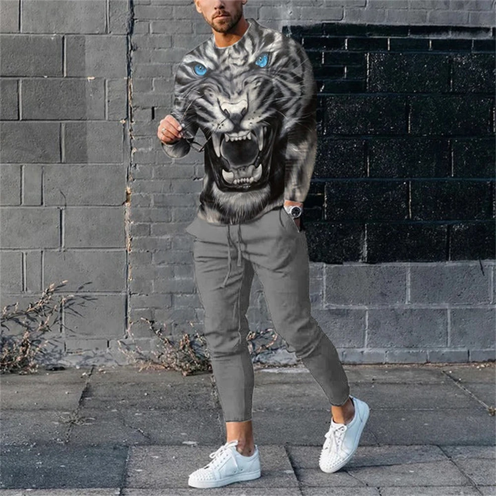 Set da uomo a maniche lunghe stampato in 3D modello animale leone moda casual street wear felpa girocollo e pantaloni tuta da jogging