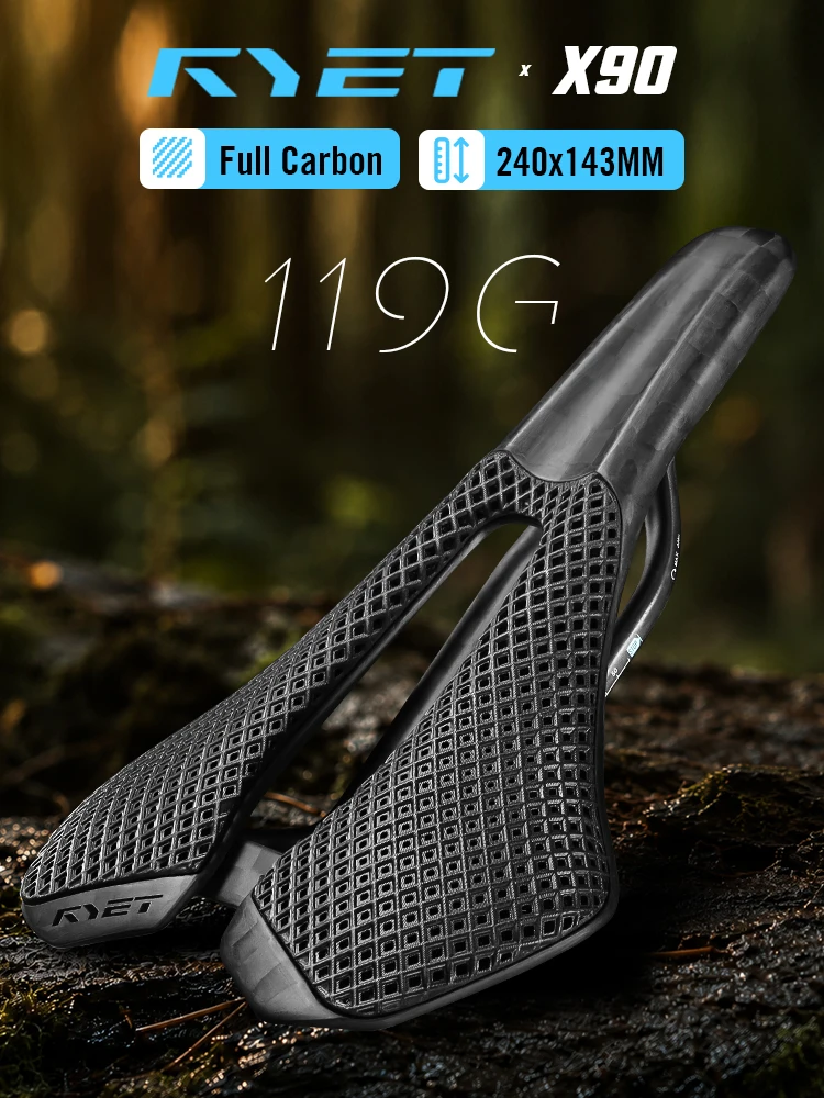 Neu eingetroffen: RYET X90 119g 3D-gedruckter Carbon-Sattel mit Vollcarbon-Schienen 240x143mm für MTB, Rennrad und Gravel-Bikes – Fahrradteile