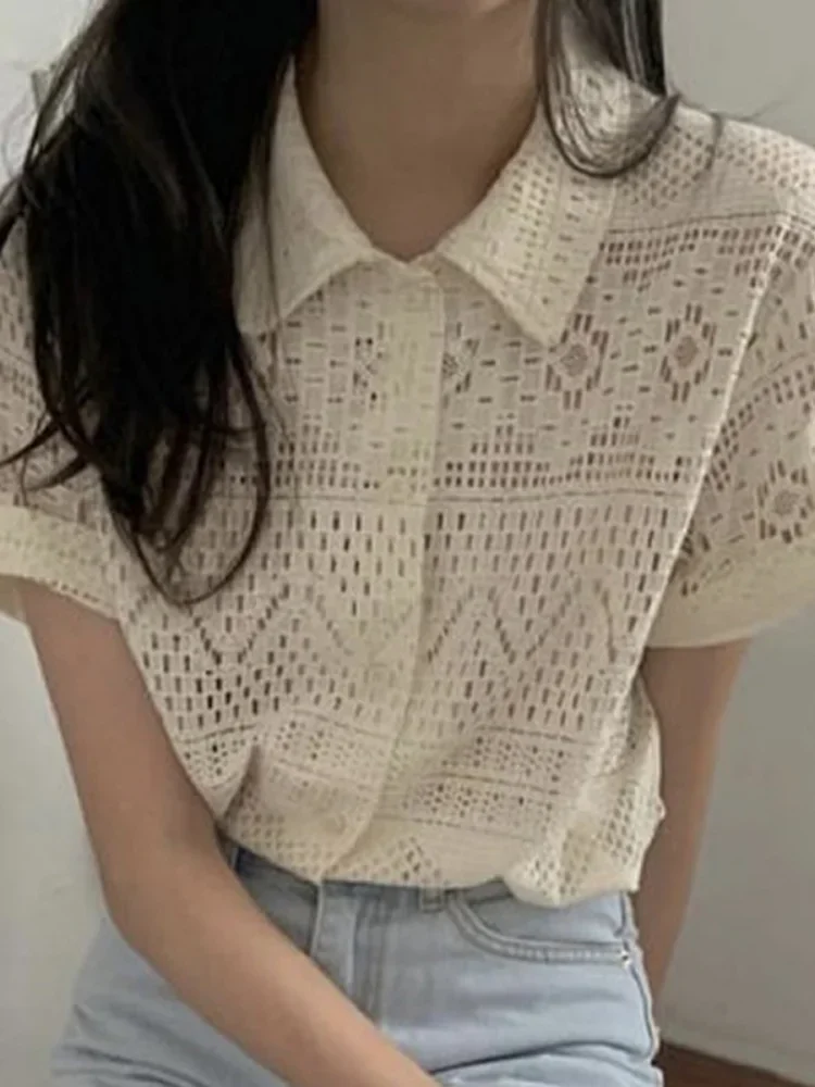 Temperament Ladies Tops Sweet Short Sleeve Blouses Women Hollow Out Fashion Korean Solid Shirts 2024 Blusas Mujer De Moda