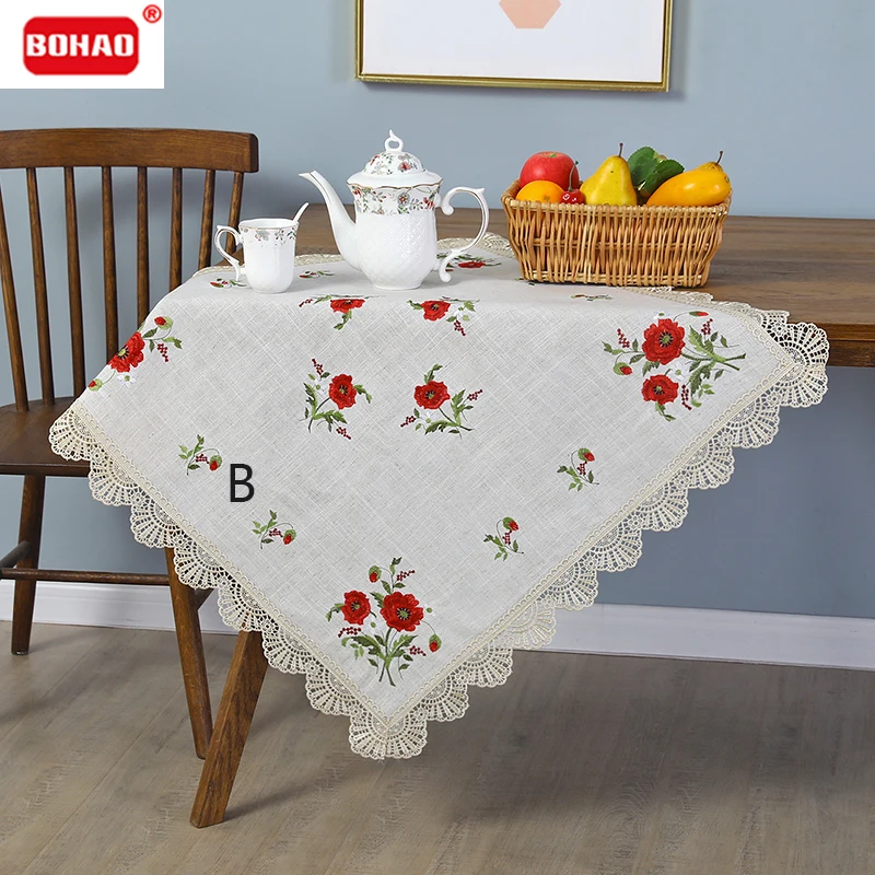 BOHAO Tablecloth Coffee Champagne Tablecloth  Square Lace Placemat New Year's Tablecloth Table Placemat Map Red Poppy Embroidery